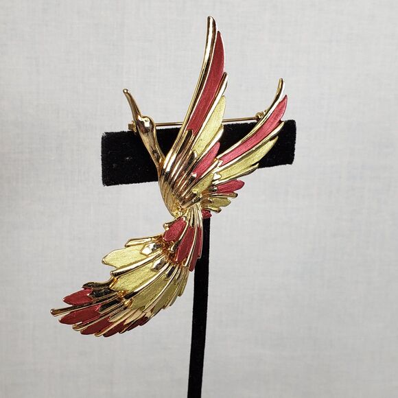 Vitage 1990s Bird Of Paradise In Flight Gold Tone Mauve Mint Green Enamel Brooch - Picture 3 of 11